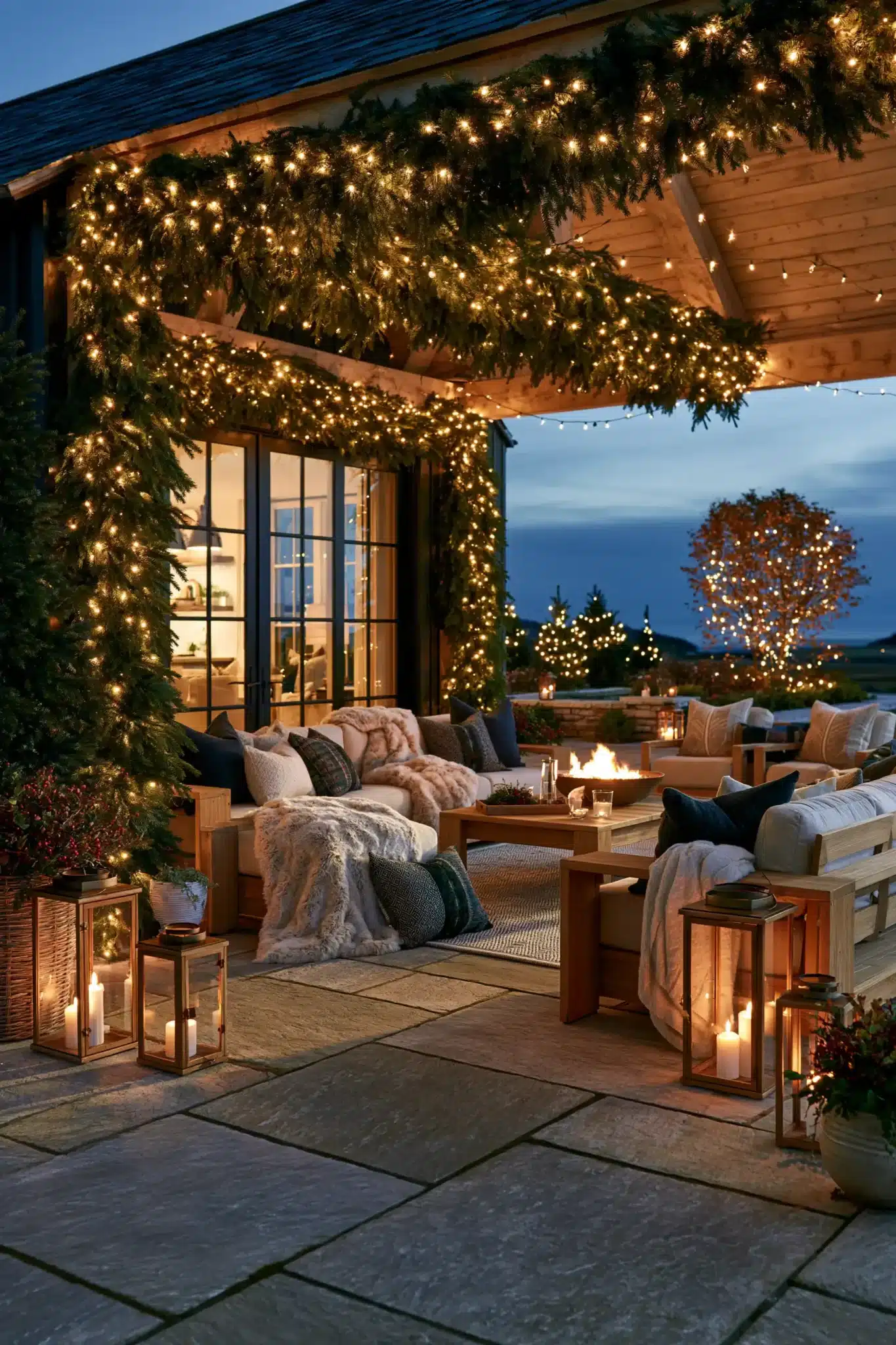 A patio glowing with string lights, garland, and winter decor