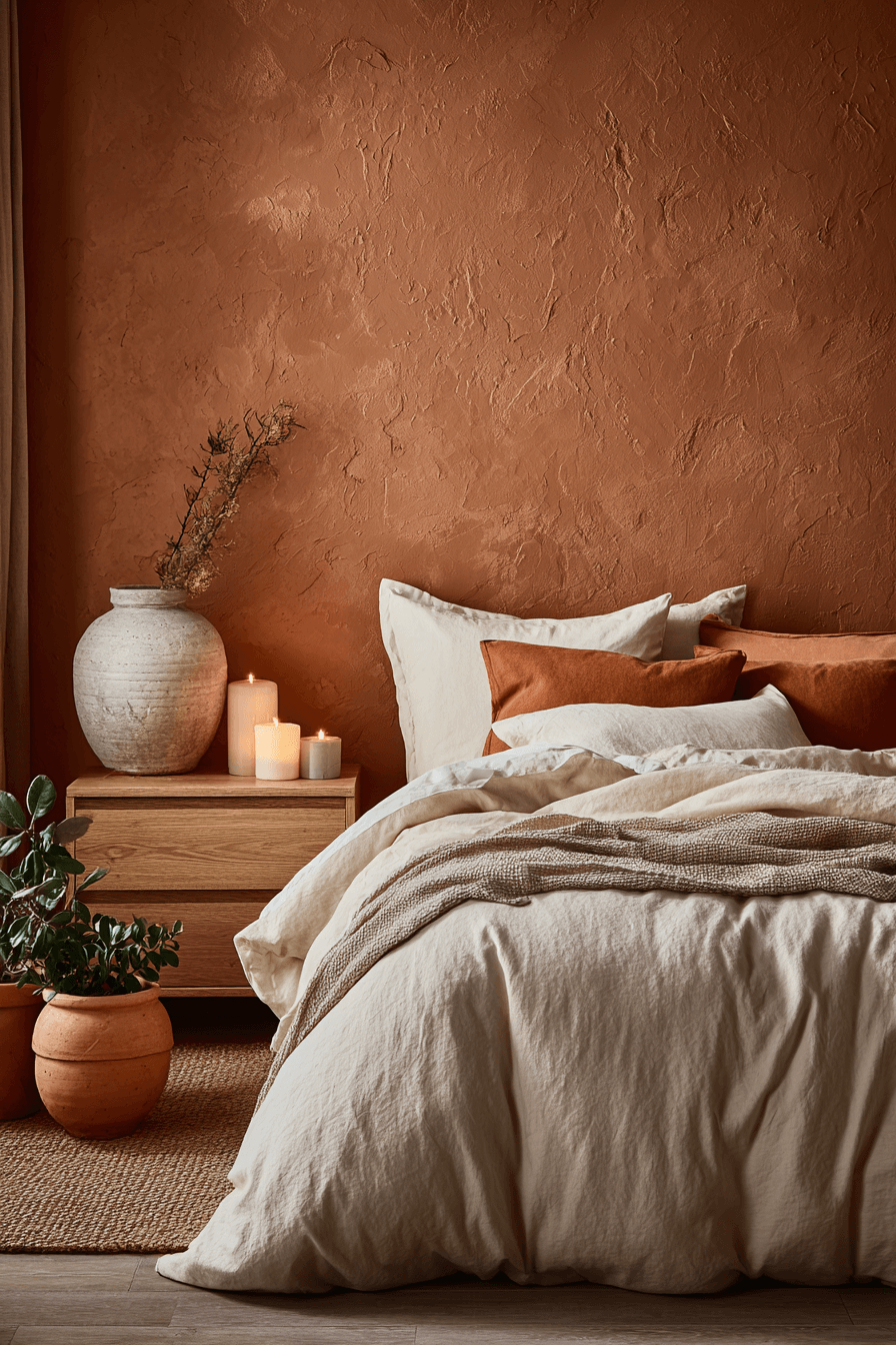 Clay and cream bedroom with organic textures and warm wood accents