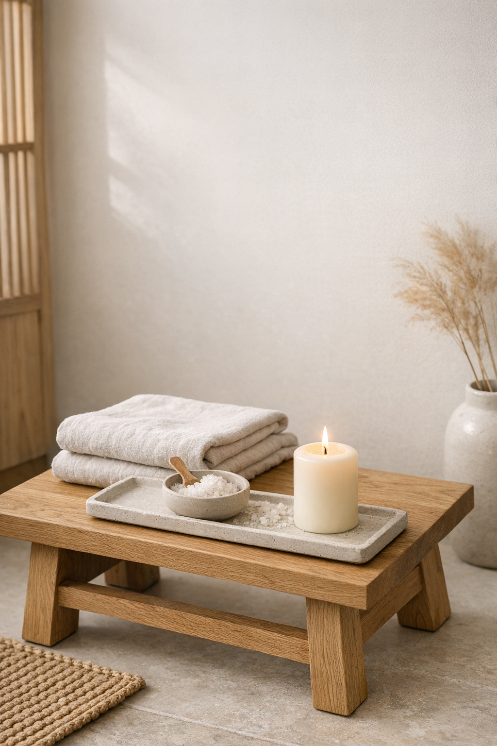 Japandi bathroom with a low oak stool, ceramic tray, candle, and linen towel beside a quiet soaking tub