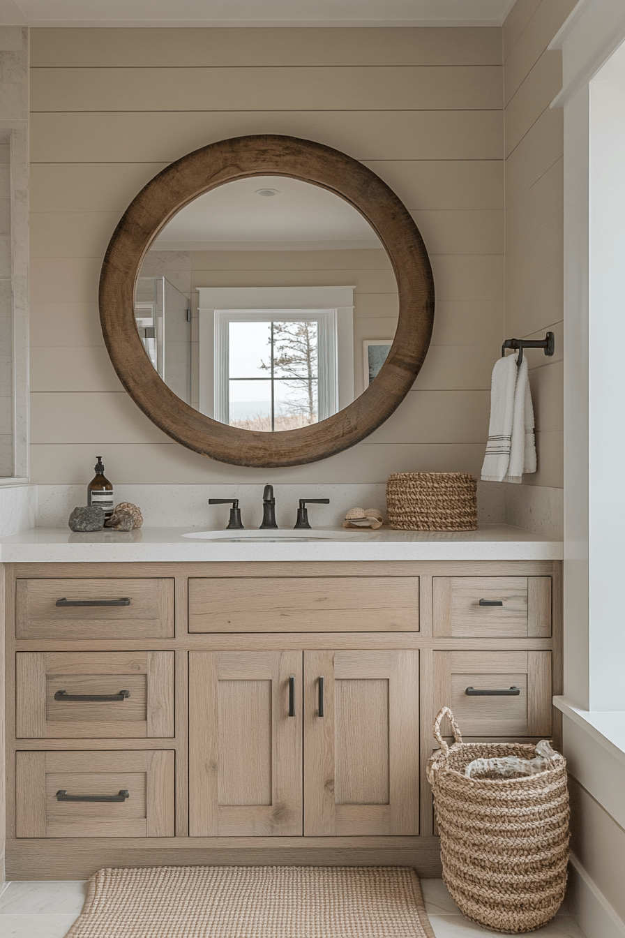 Neutral beachfront bathroom with stone textures, pale blue accents, and a coastal art print