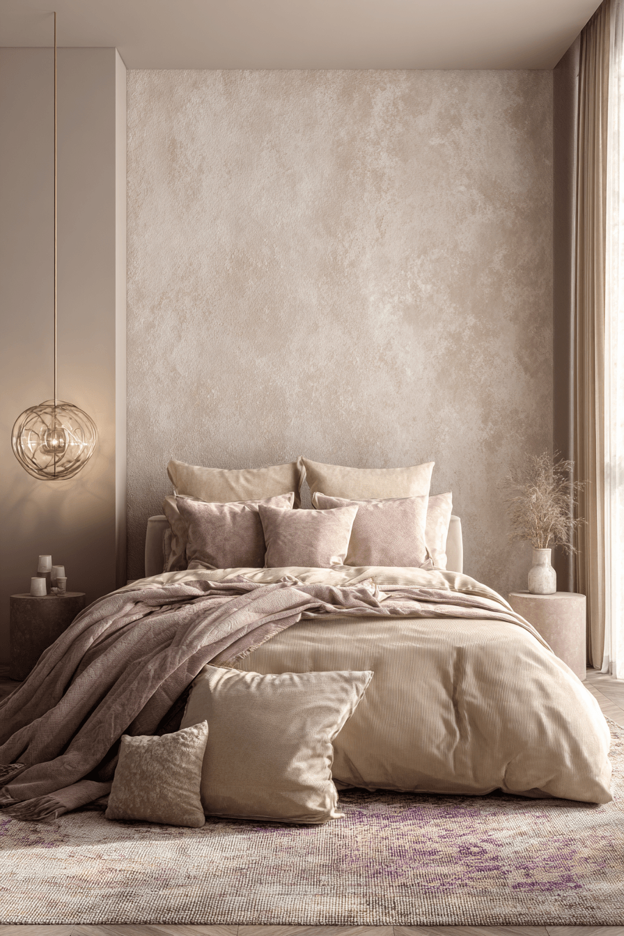 Warm beige bedroom with blush accents, romantic styling, and soft layered curtains