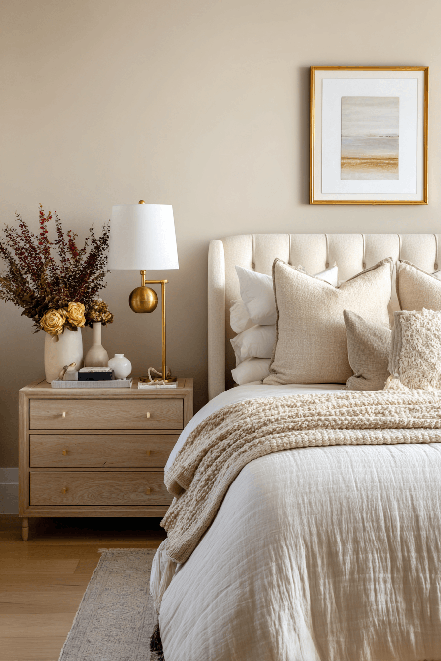 A beige and brass bedroom with warm textures and elegant metallic accents