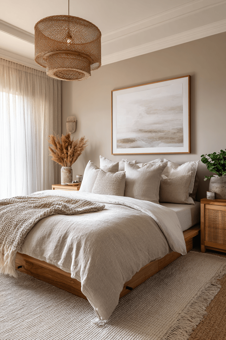 Modern warm neutral bedroom with layered beige tones, cane accents, and abstract art