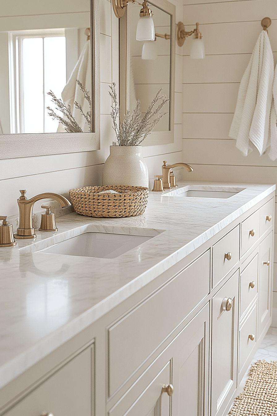 Modern coastal bathroom with layered beige and ivory neutrals