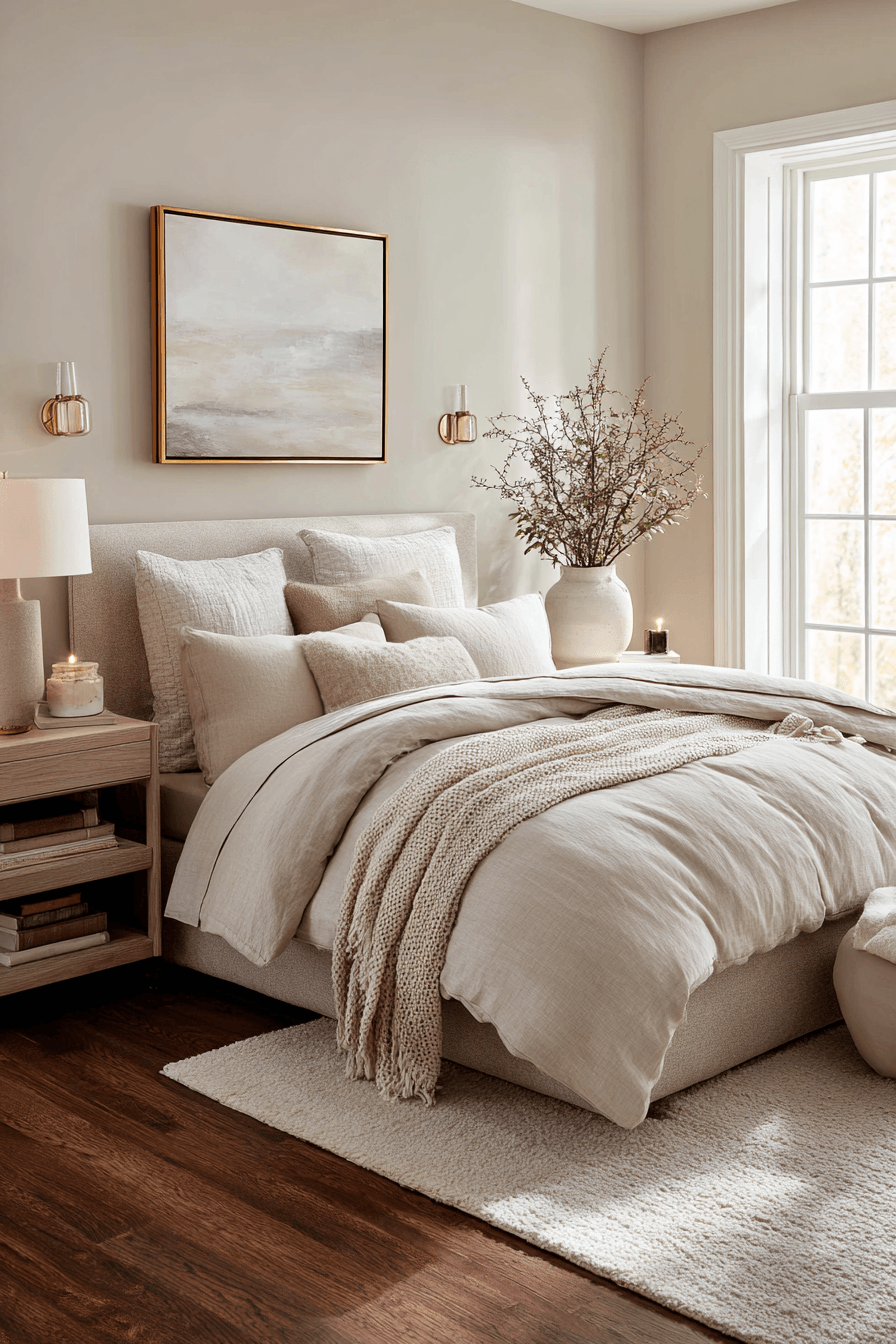 Layered beige warm neutral bedroom with upholstered headboard and plush rug