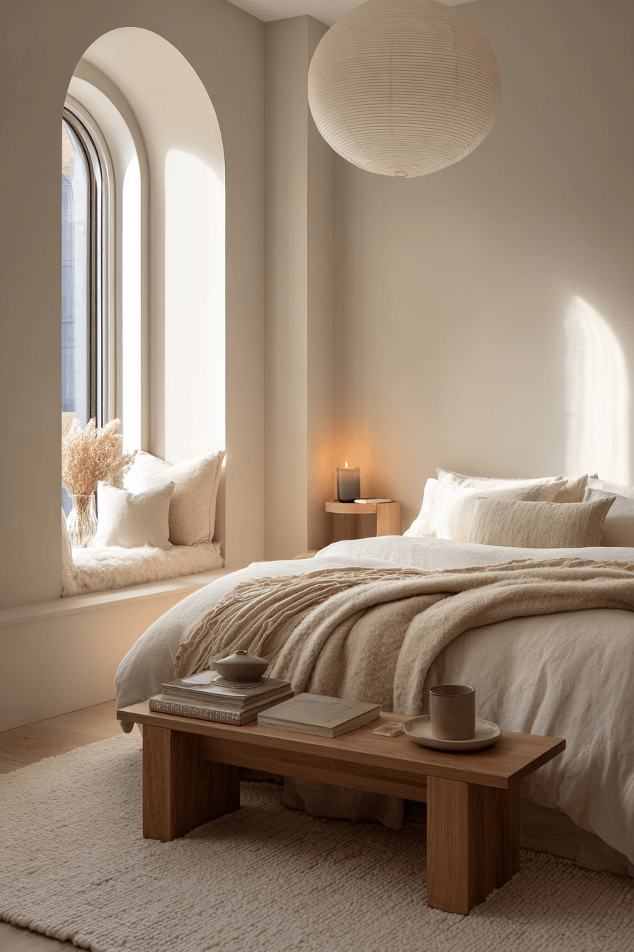 Warm minimalist bedroom styled in layered beige tones with soft curves