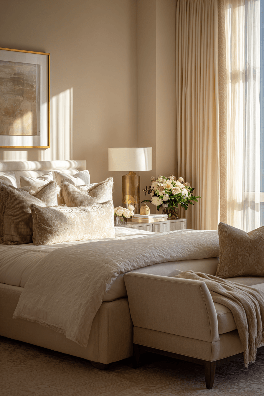 A luminous beige bedroom with sheer curtains, creamy linens, and warm light