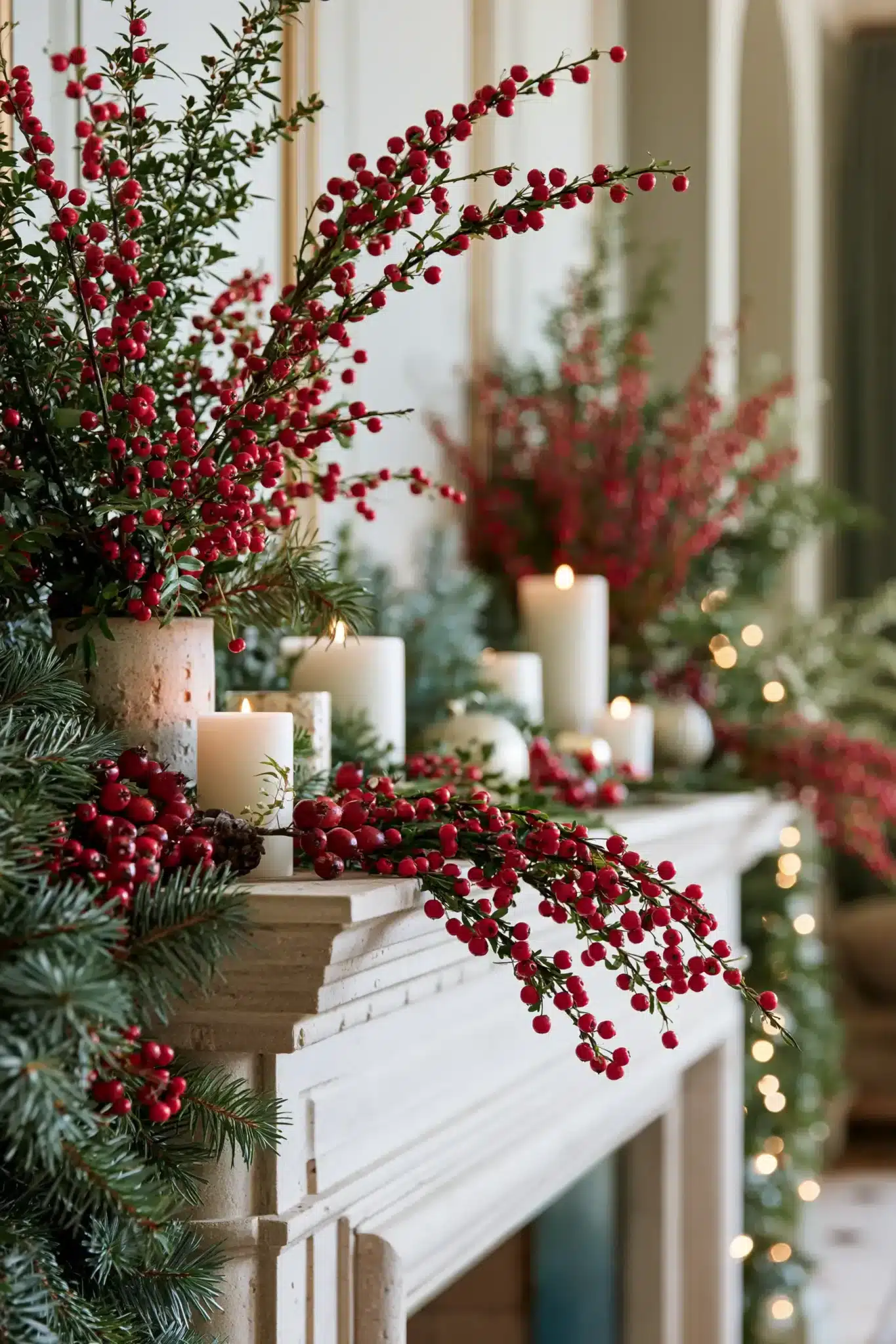 Christmas mantel with berry branches, greenery, and candle accents