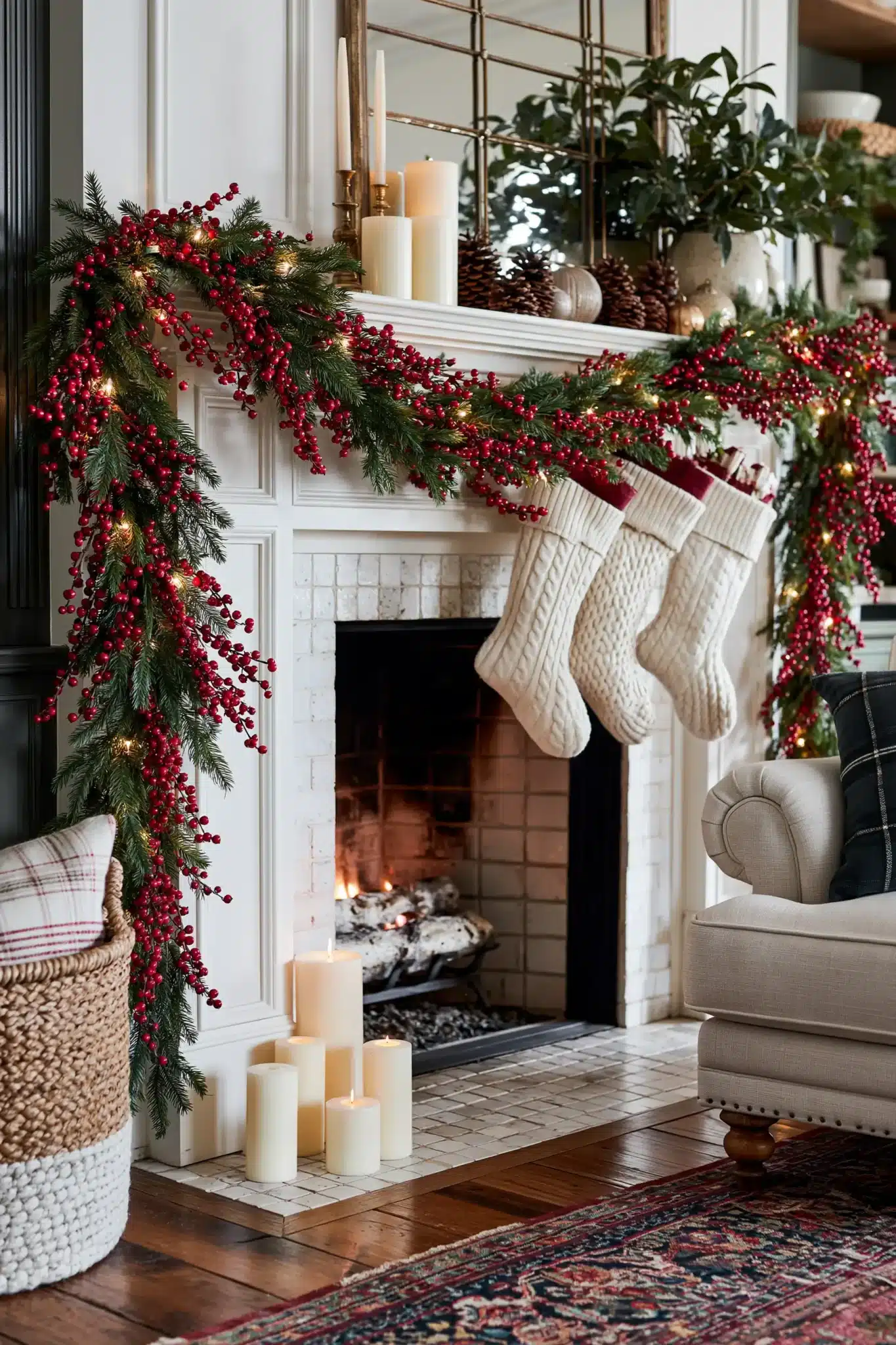 A fireplace mantel decorated with red berry garland, evergreen branches, and candles.