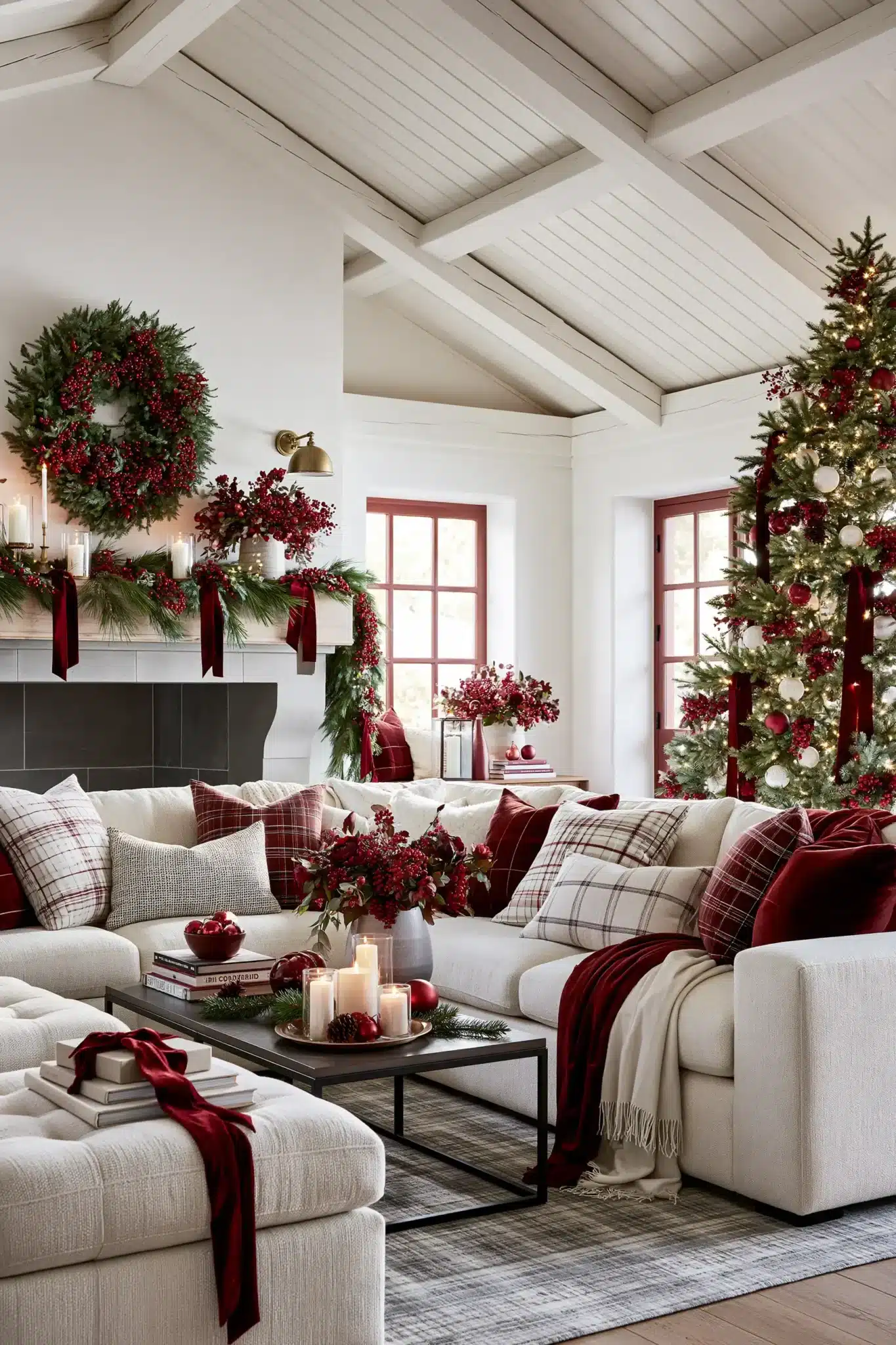 Christmas decor featuring cranberry berries, ribbons, and elegant seasonal styling.