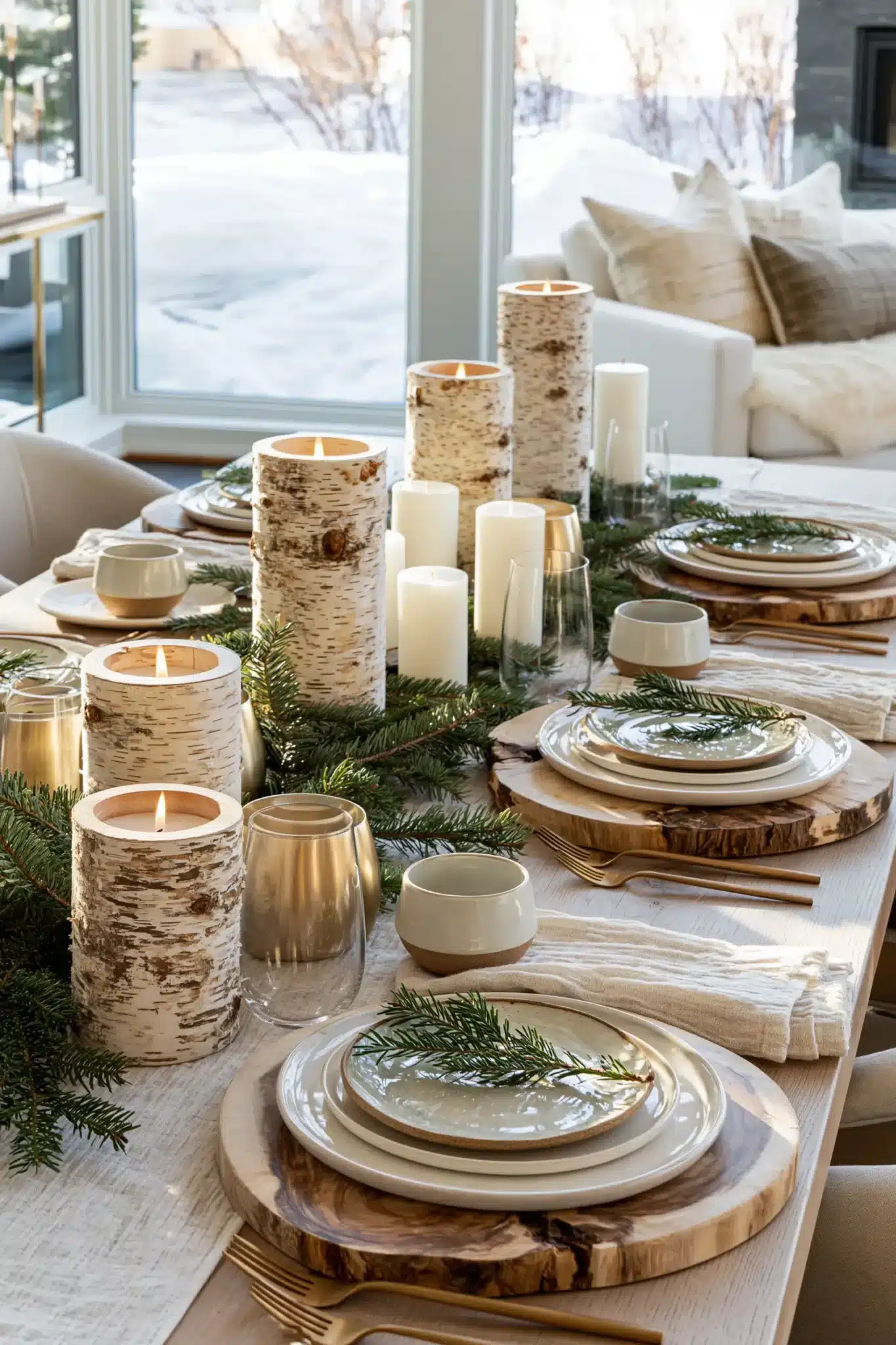 A Christmas table with birch wood accents, candles, and evergreen greenery