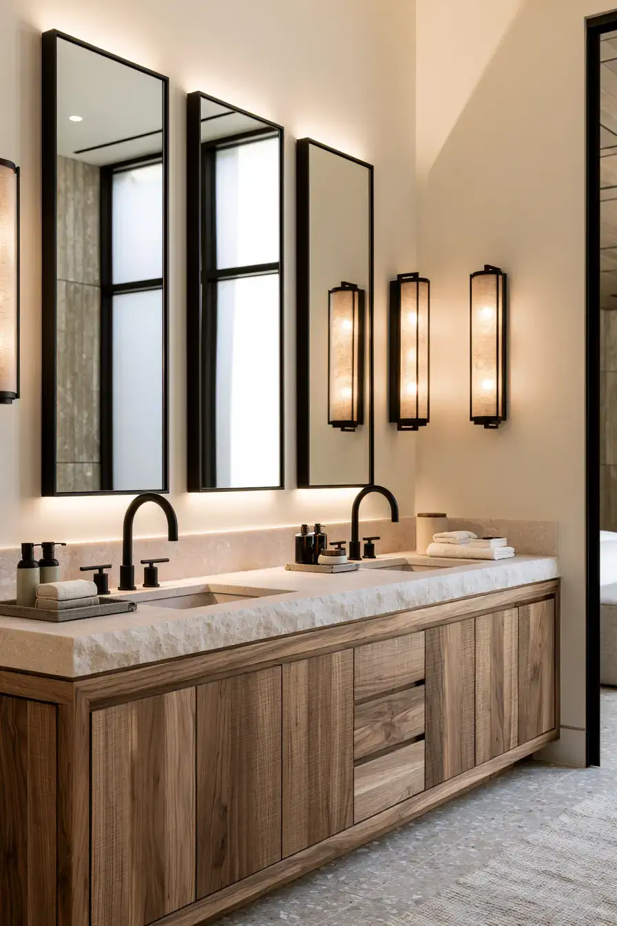 Japandi bathroom with matte black fixtures balanced by warm wood and neutral tones