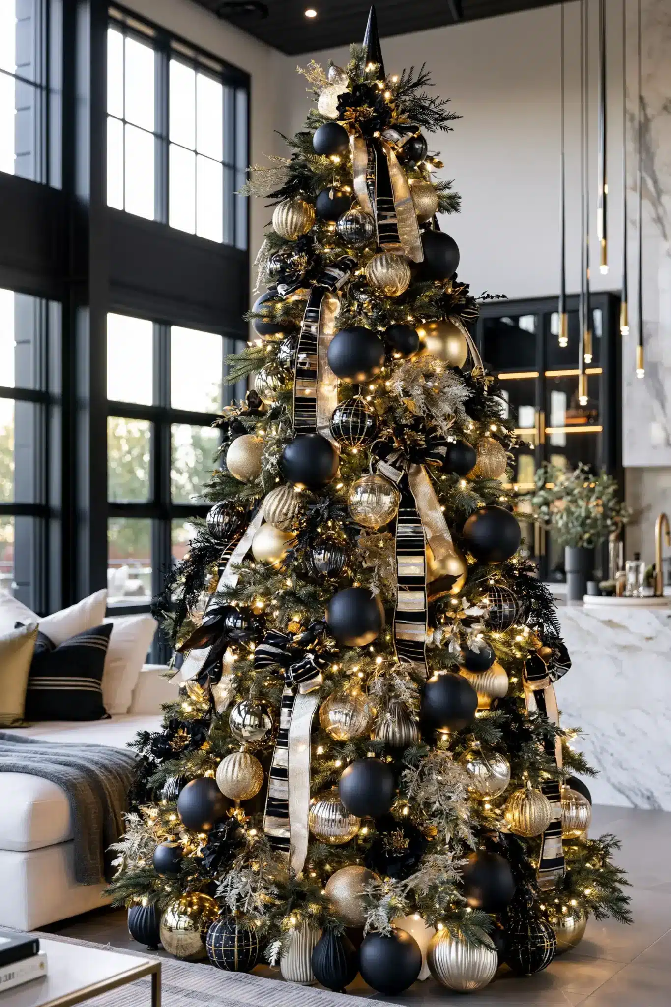 Black and gold Christmas tree with dramatic contrast and metallic finishes