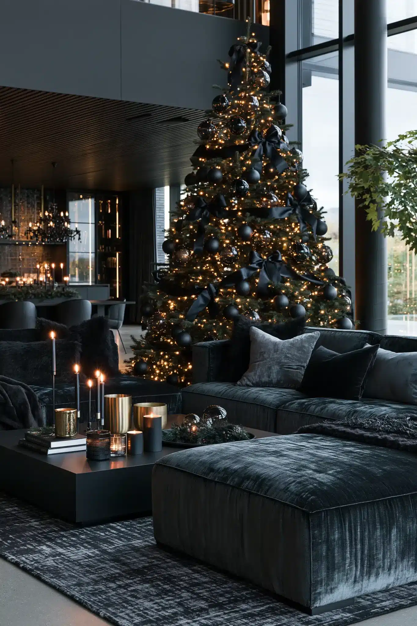 Luxe noir moody Christmas decor with matte black ornaments, satin ribbon, smoky glass, and gold accents.