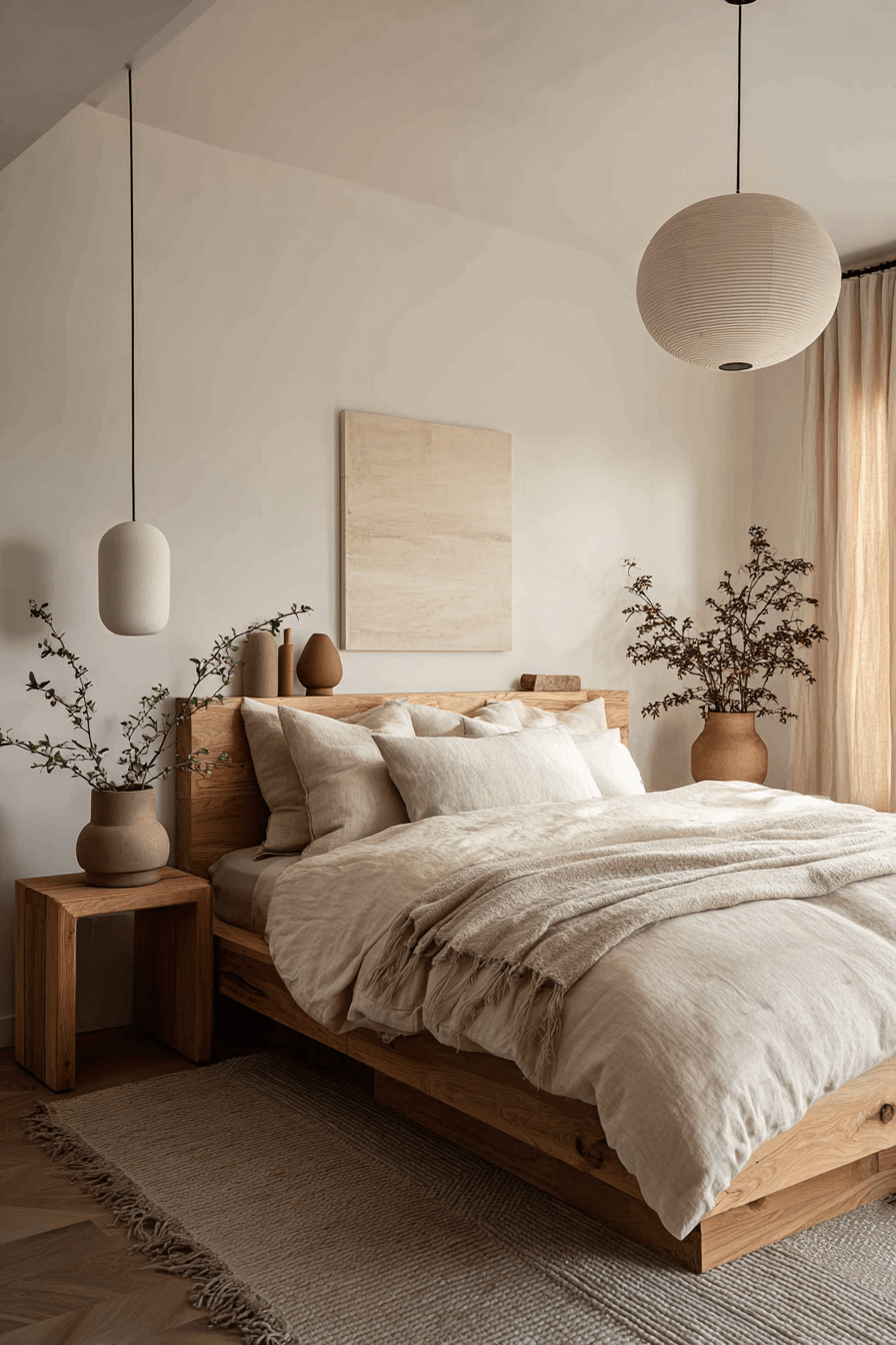 Warm Japandi bedroom with low furniture, muted earthy colors, and cozy textures
