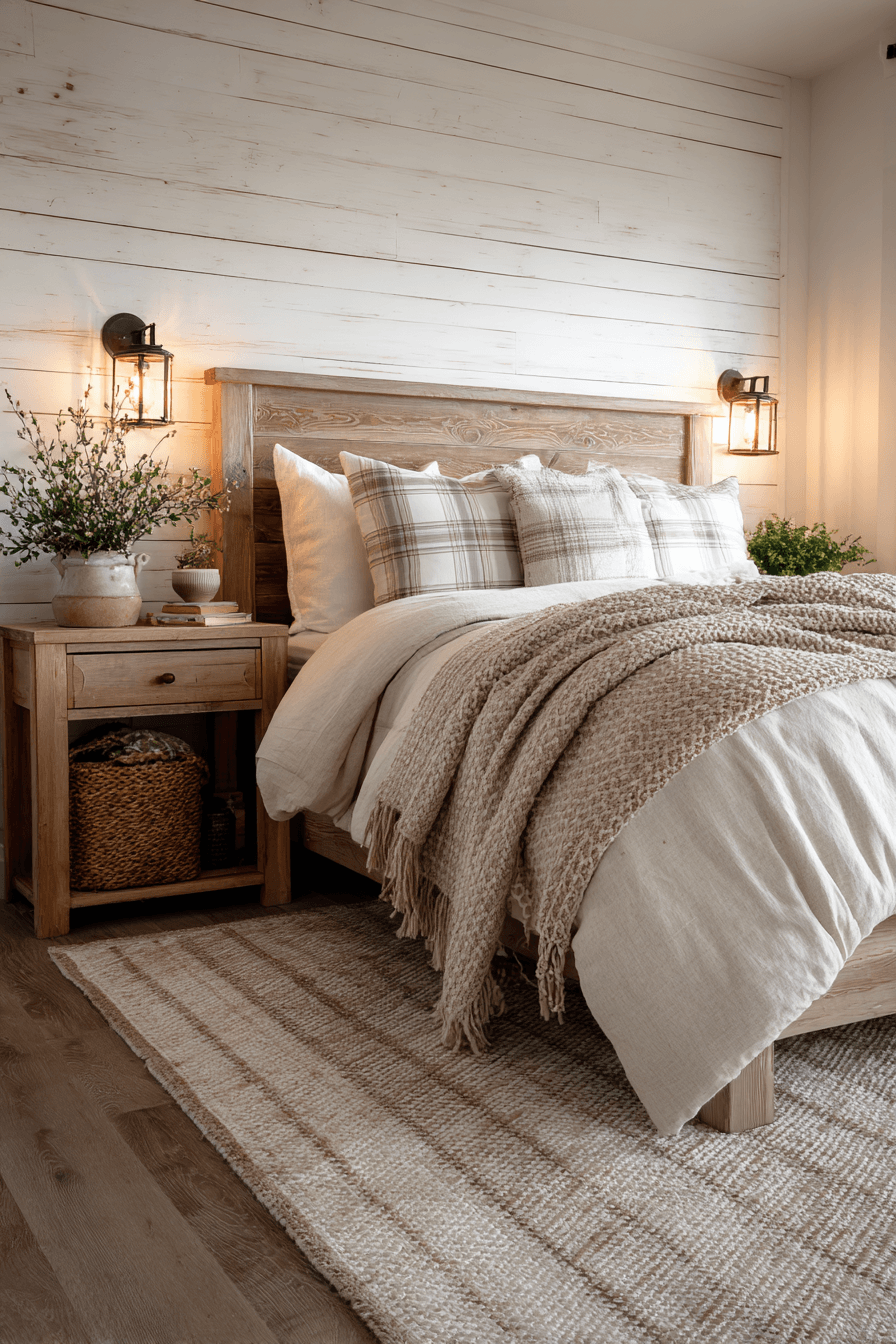 Warm modern farmhouse bedroom with shiplap, wood furniture, and neutral linens