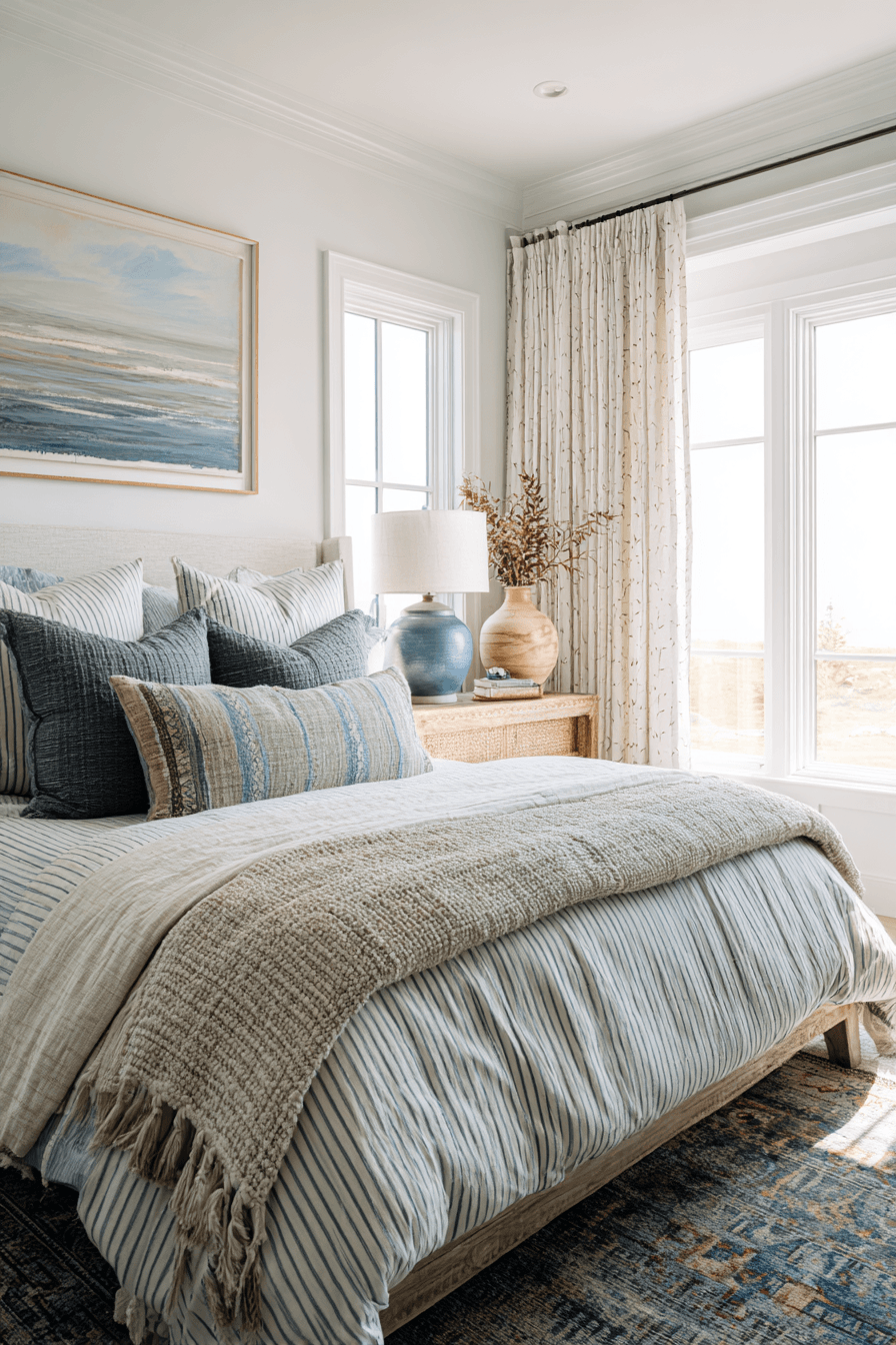 Beachy boho bedroom with soft blue and beige tones, woven textures, raw wood, and coastal artwork