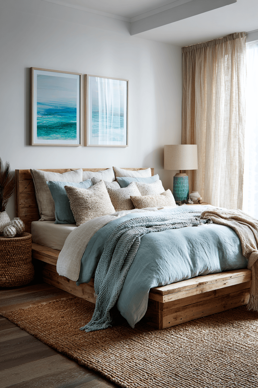 Beach bedroom with blue and sandy neutral tones linen bedding and natural textures