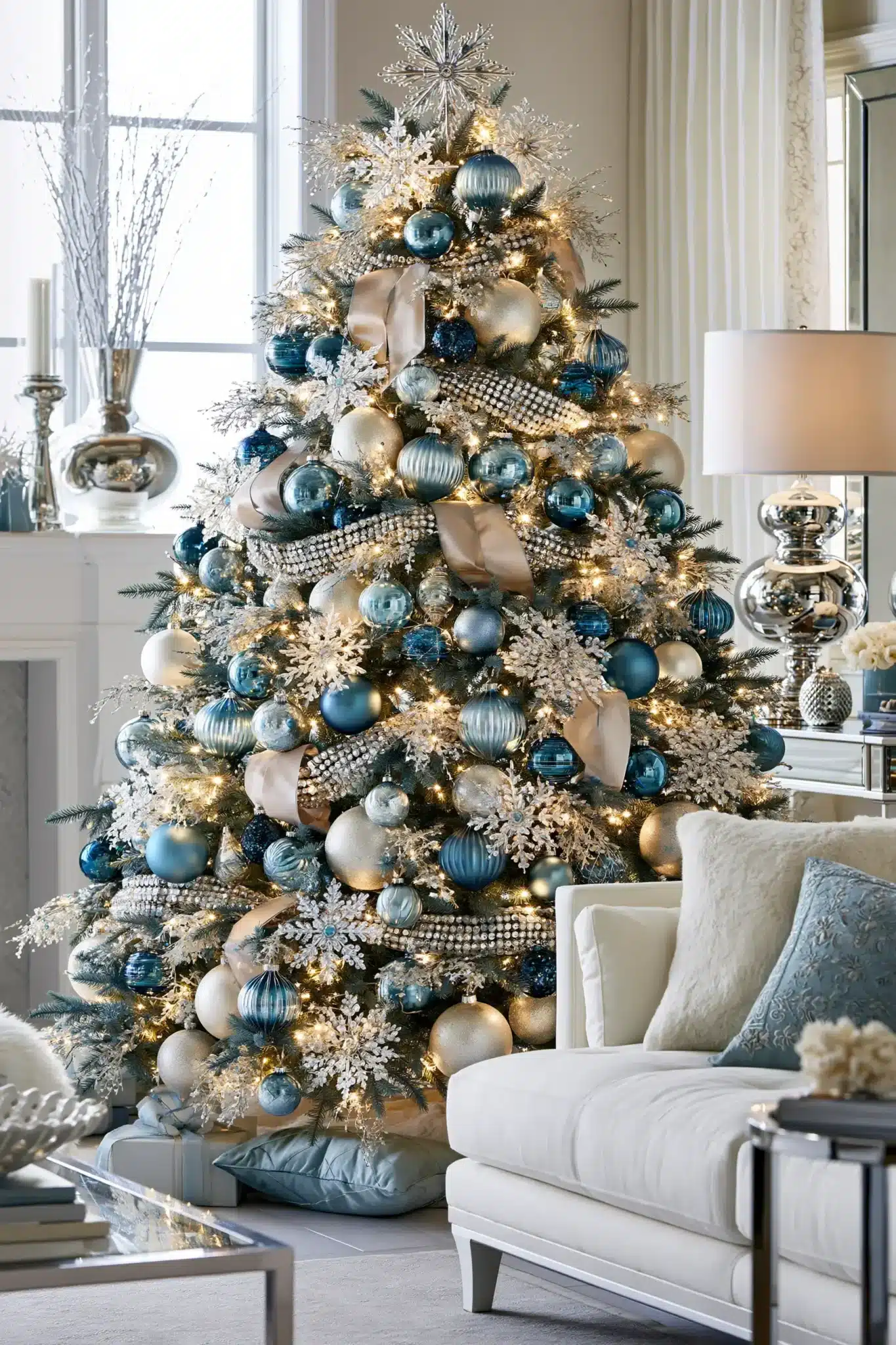 Blue and silver Christmas tree with glossy ornaments and crystal accents
