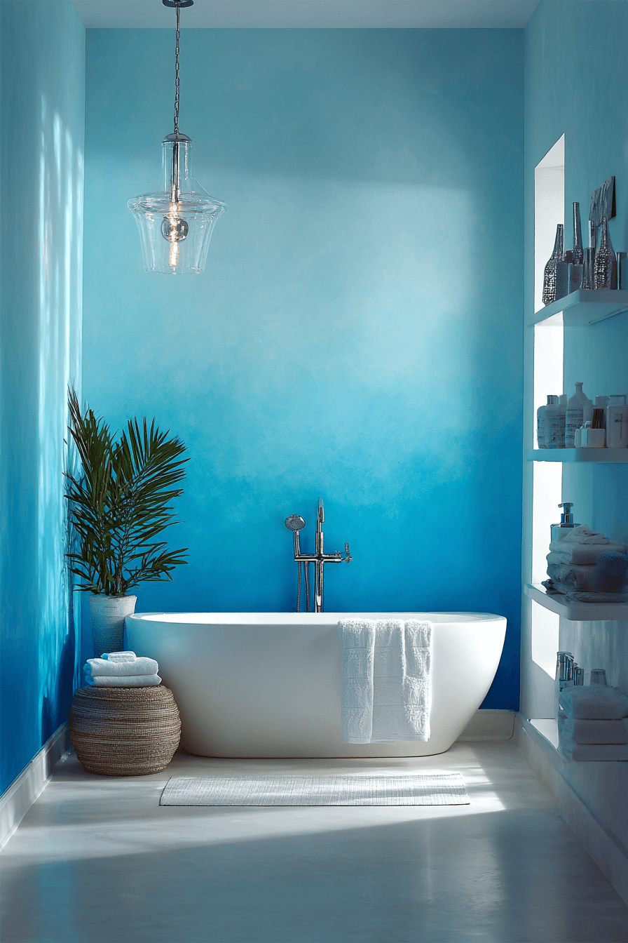 Ocean bathroom with a blue ombre tile wall, floating vanity, and clean modern lines