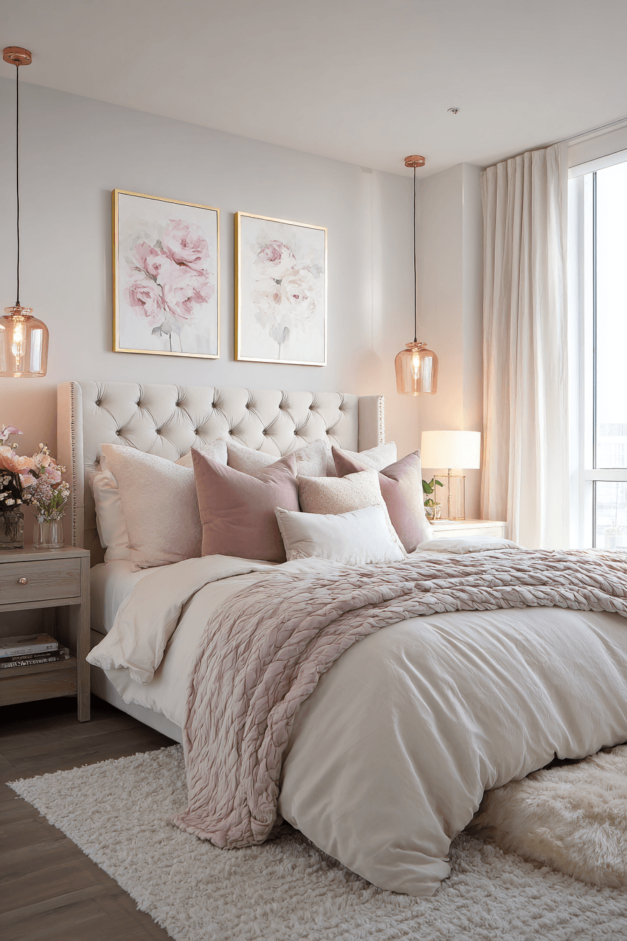 A blush and beige bedroom with soft pink accents, neutral bedding, and warm metallic details