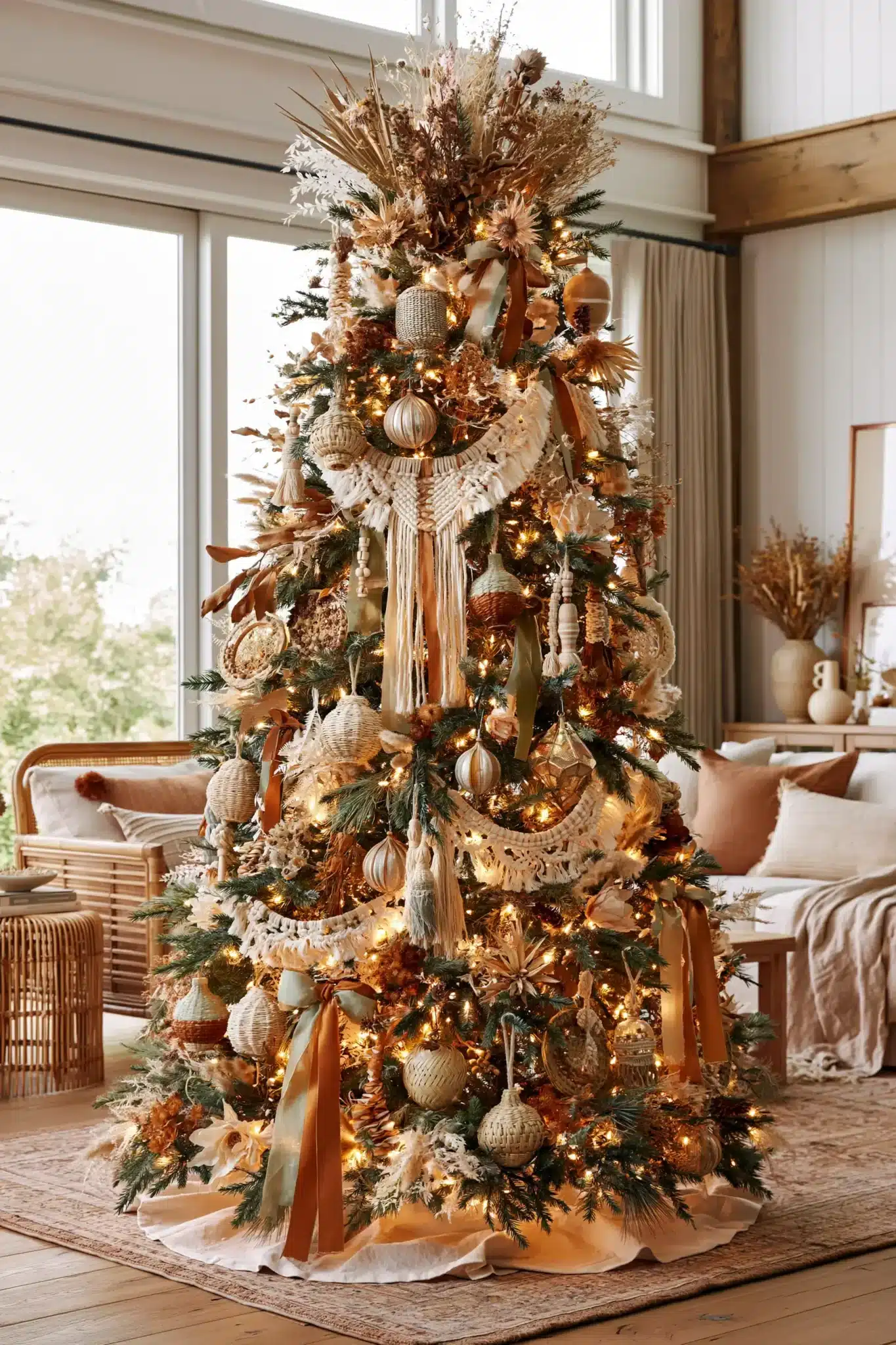 Boho Christmas tree with woven ornaments, dried florals, and macramé accents