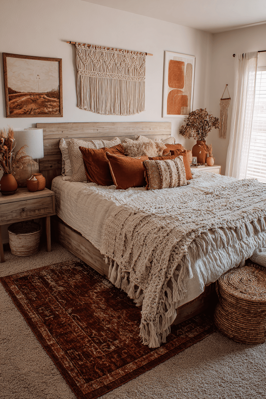 A warm cozy bedroom with boho textiles, warm lighting, and relaxed layered decor.