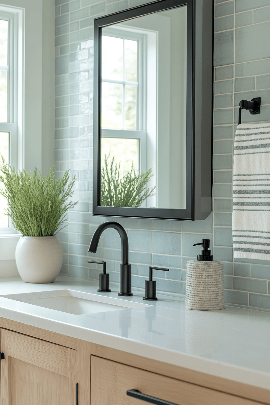 Modern coastal bathroom with matte black accents and soft seaside colors