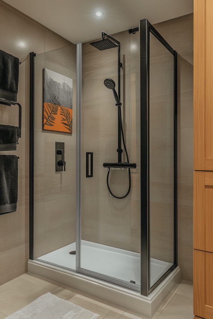 Black-framed walk-in shower in a modern small bathroom.