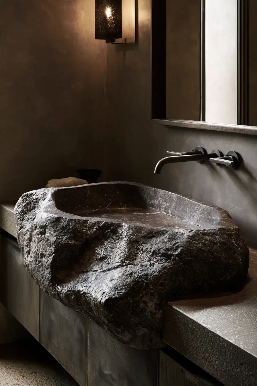 A carved boulder stone sink featured in a minimalist bathroom setting