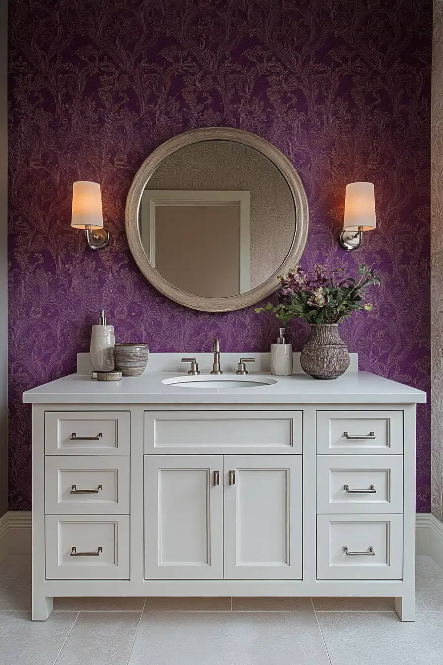 A bathroom with bold purple wallpaper on a feature wall
