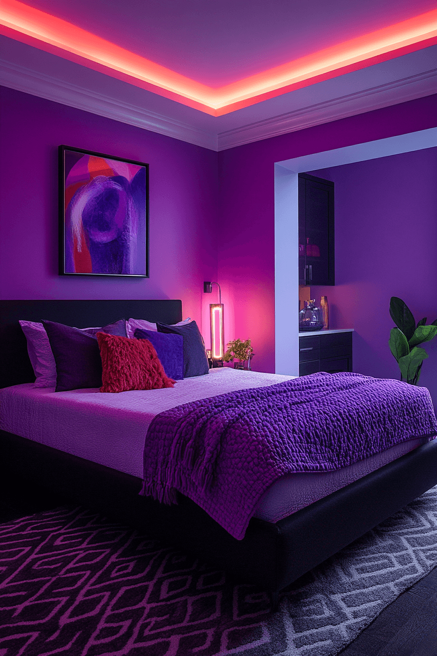 Vibrant violet bedroom with bold contrast and modern decor