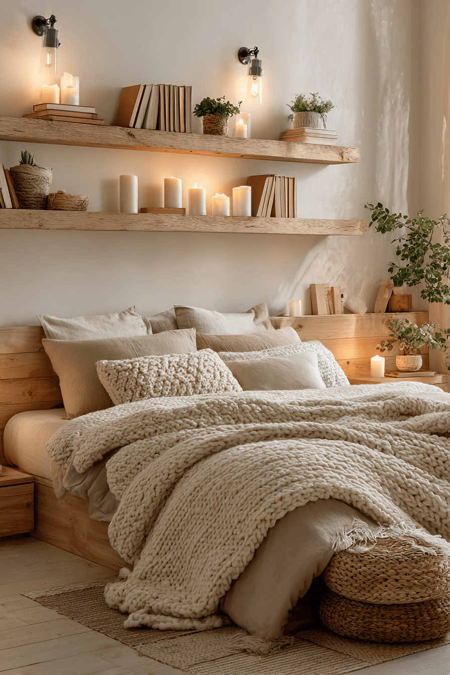 Hygge bedroom with warm lighting, soft bedding, and personal decor accents