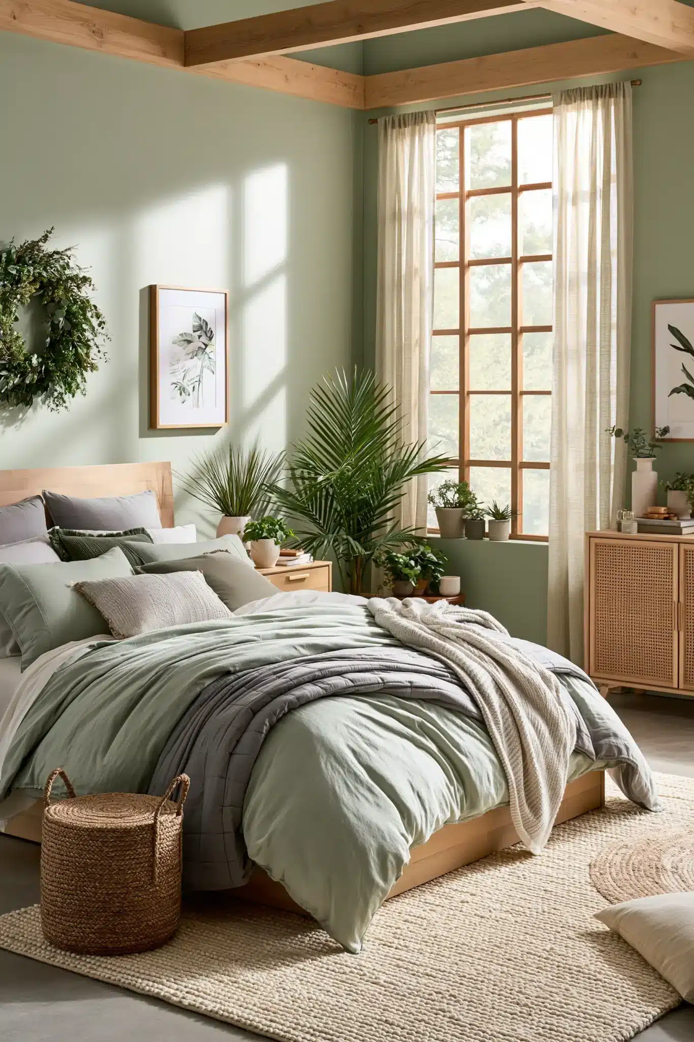 Botanical sage green and grey bedroom with potted plants, wood furniture, and woven accessories