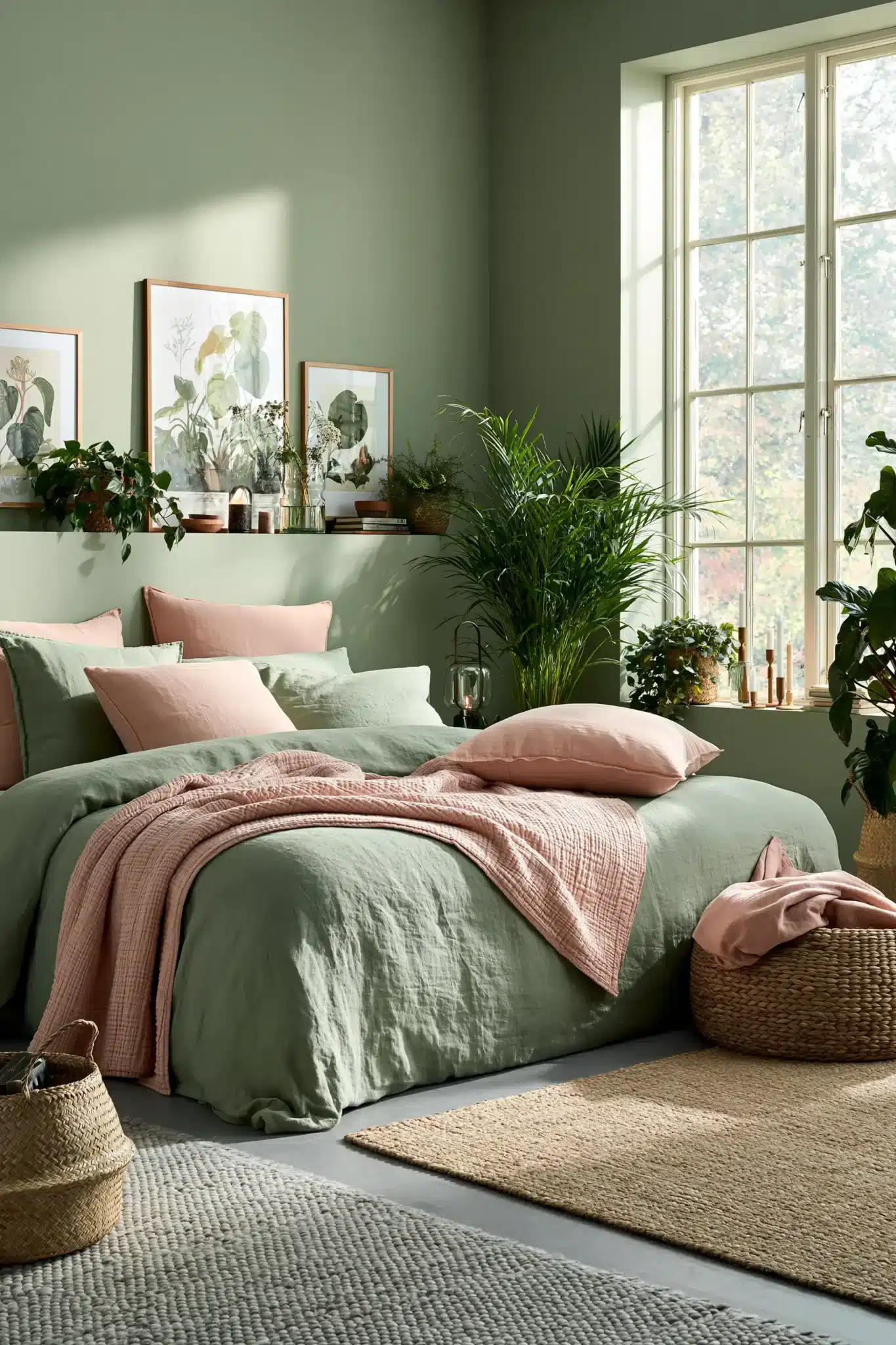 Cozy sage green and blush bedroom with botanical decor, ceramic accents, and plants.