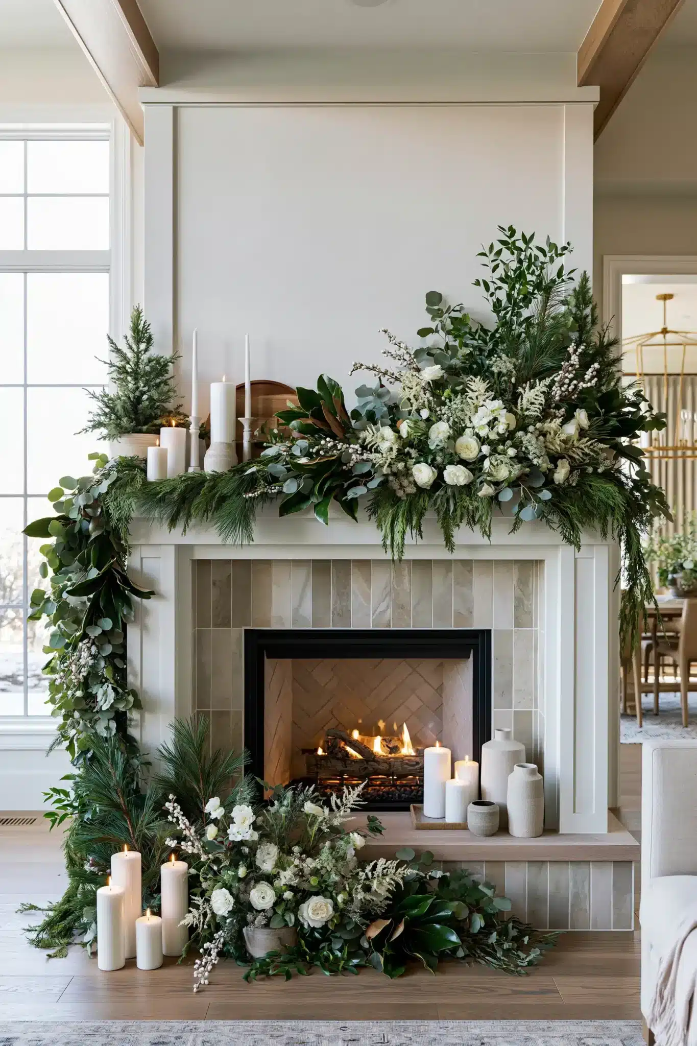 Botanical Christmas mantel with eucalyptus, cedar, pine, and candles
