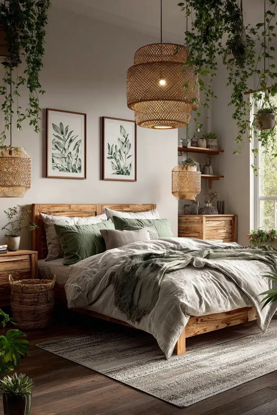A botanical green boho bedroom with leafy prints, houseplants, and natural textures