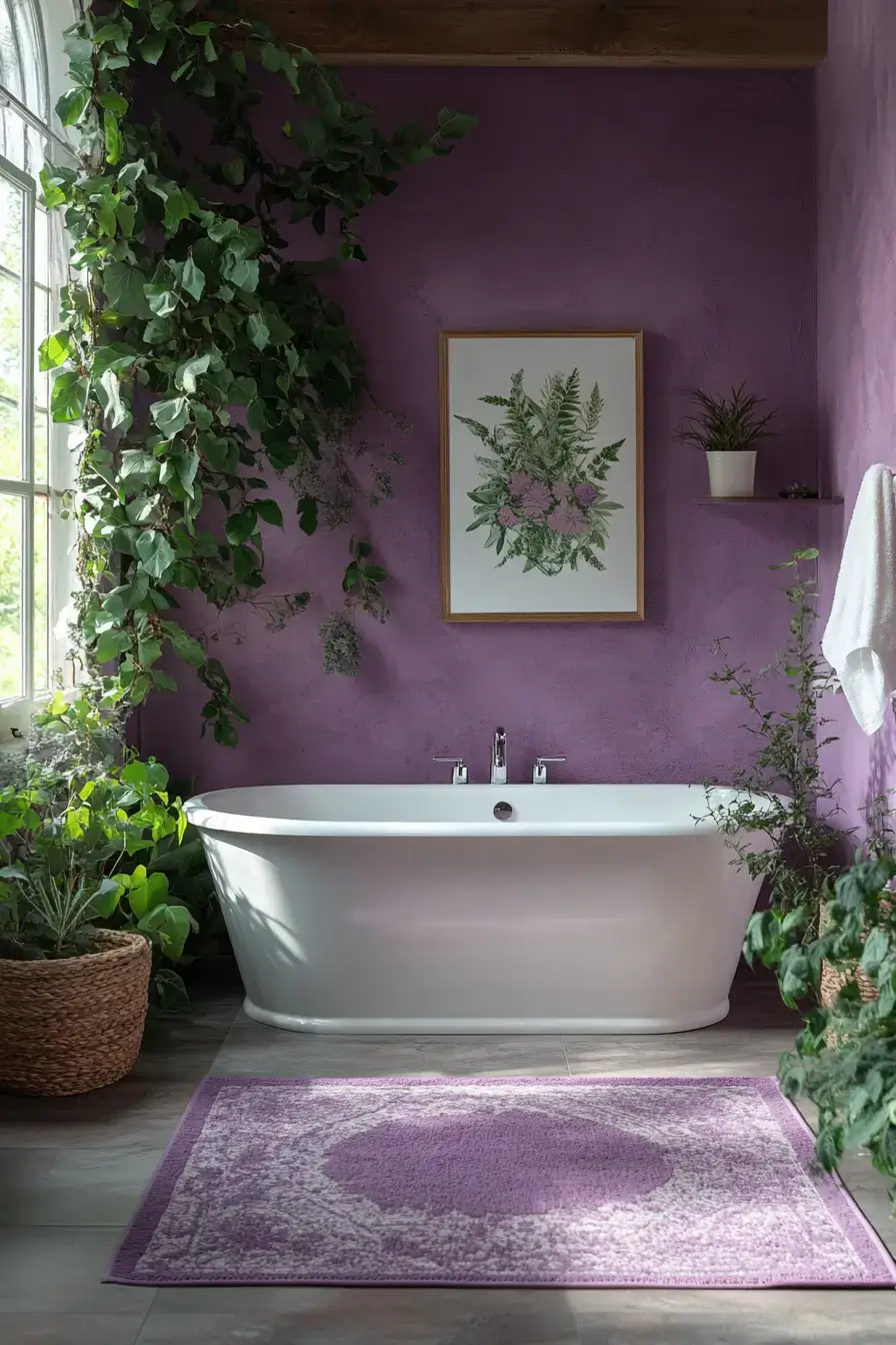 A botanical bathroom with purple walls, leafy plants, and natural textures