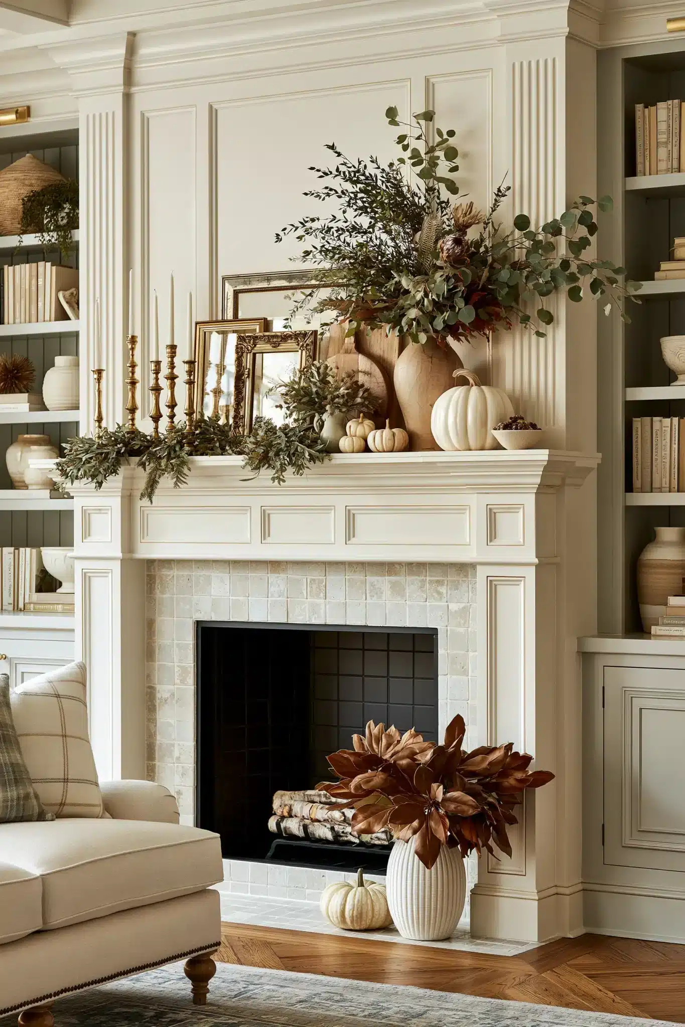 Thanksgiving mantel with brass candleholders, metallic frames, and greenery.