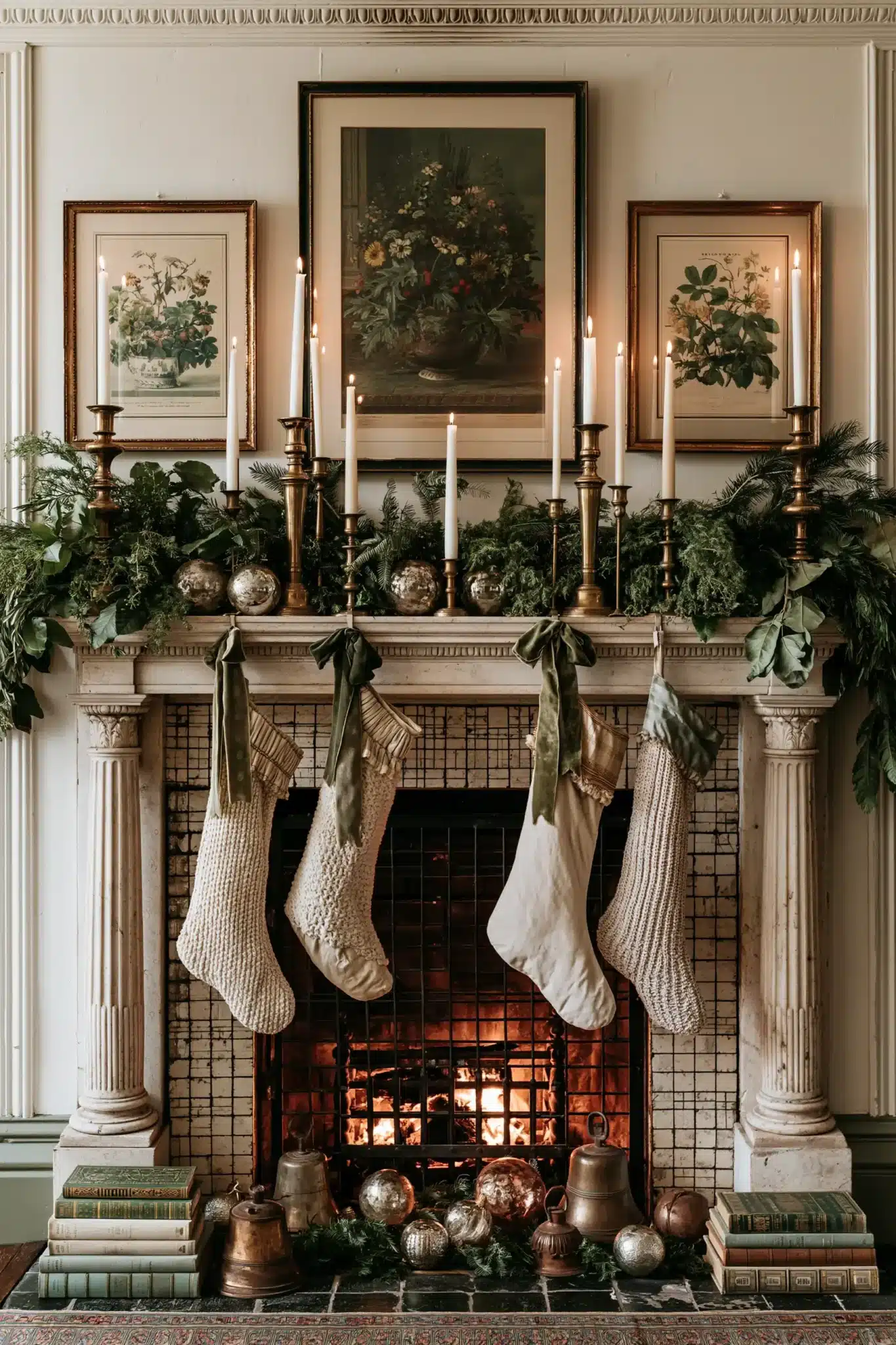 A vintage-inspired fireplace with brass decor, greenery, and warm holiday styling.