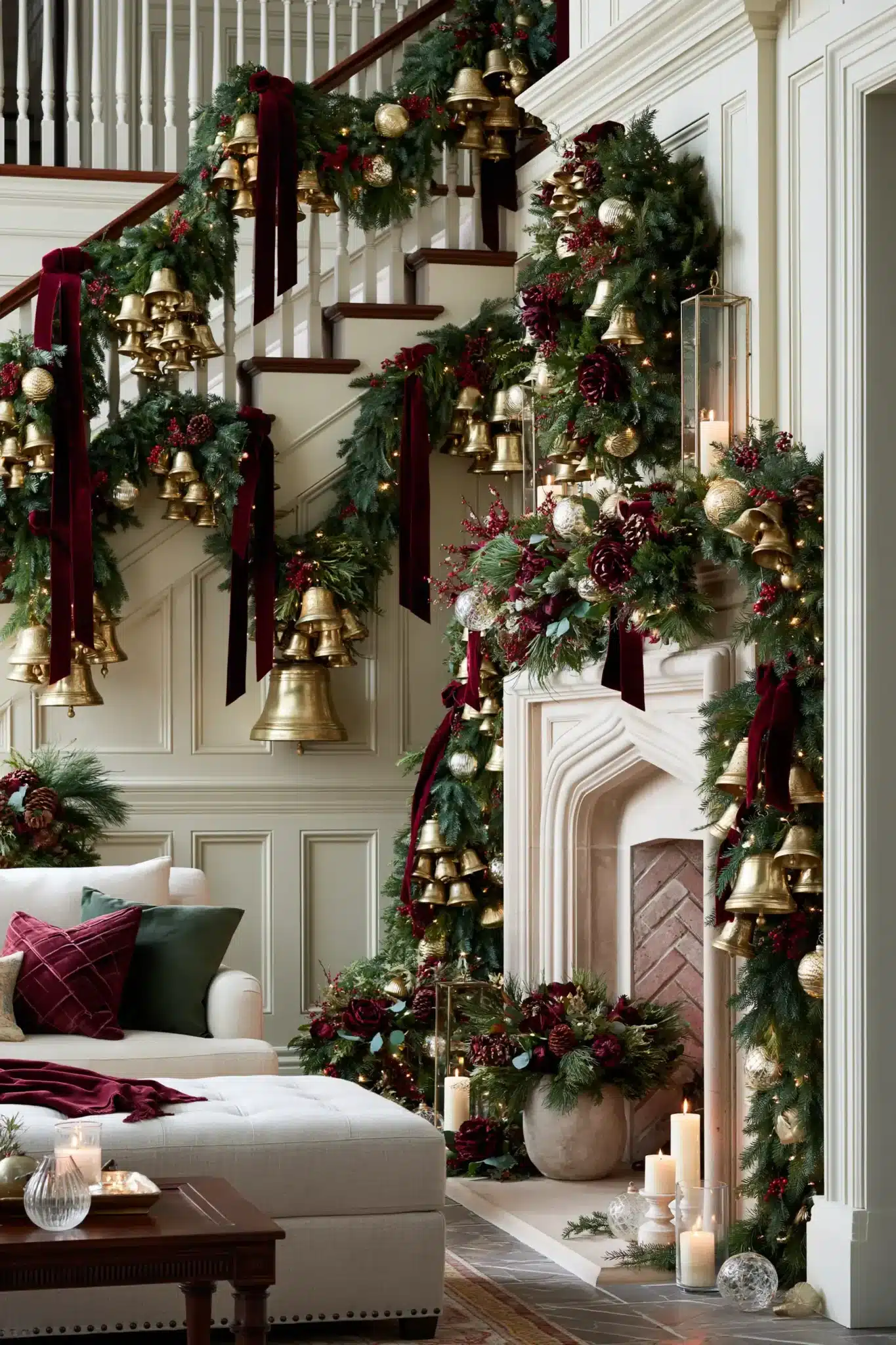 Traditional holiday decor with brass bells, ribbon, and evergreen accents.