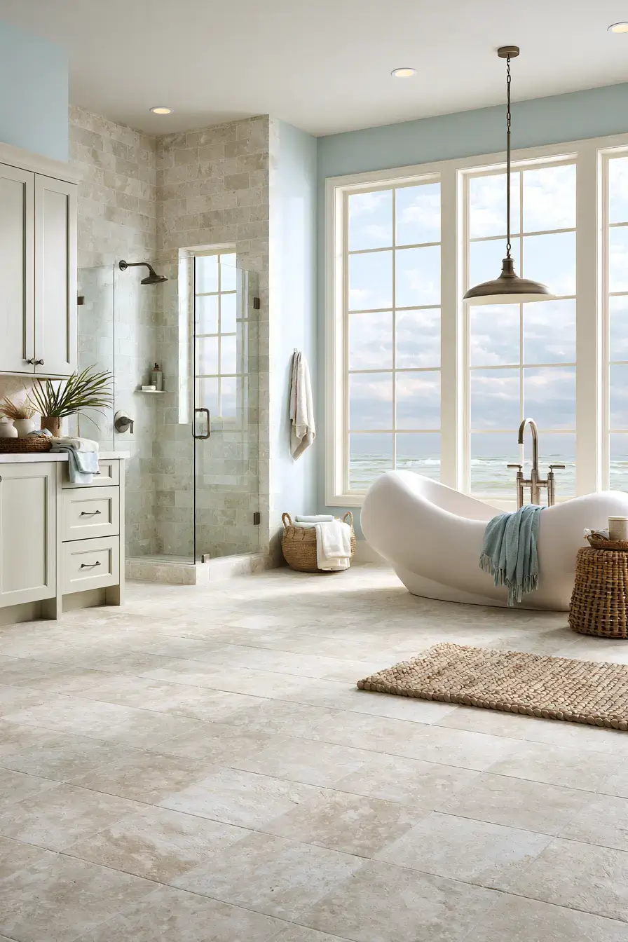 Coastal natural stone bathroom with limestone, sandy tones, and soft blue accents