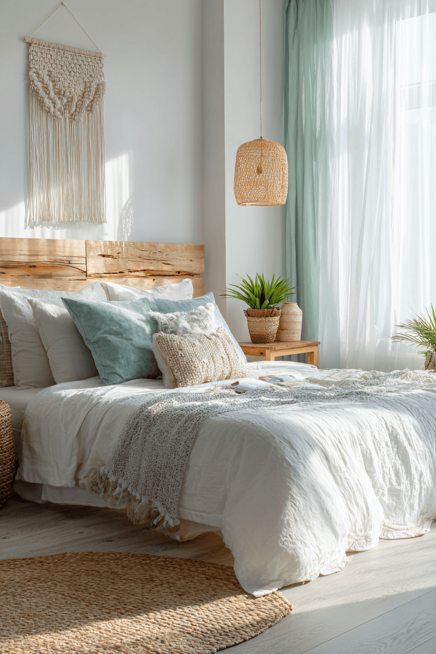 Beachy boho bedroom with gauzy curtains, breathable bedding, weathered frames, and driftwood decor