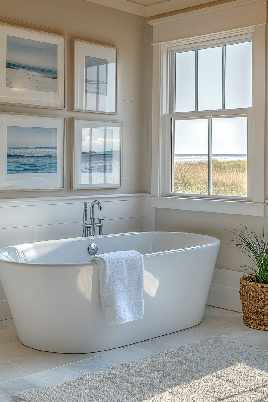 Light and airy beachy bathroom with blue and white tones and soft spa finishes