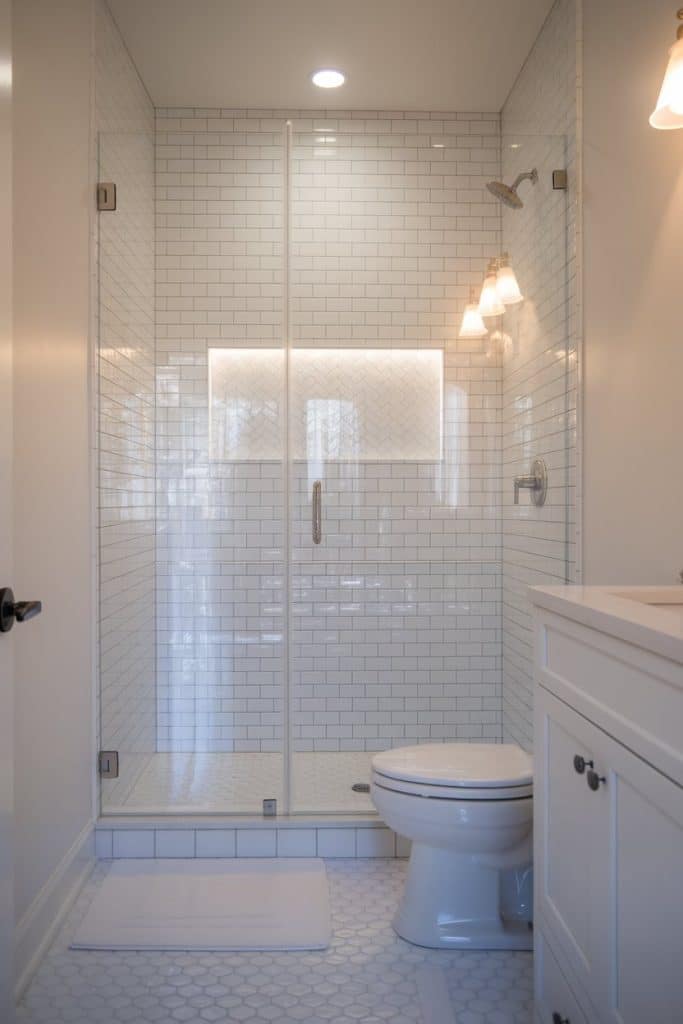 All-white tile walk-in shower in a bright small bathroom.