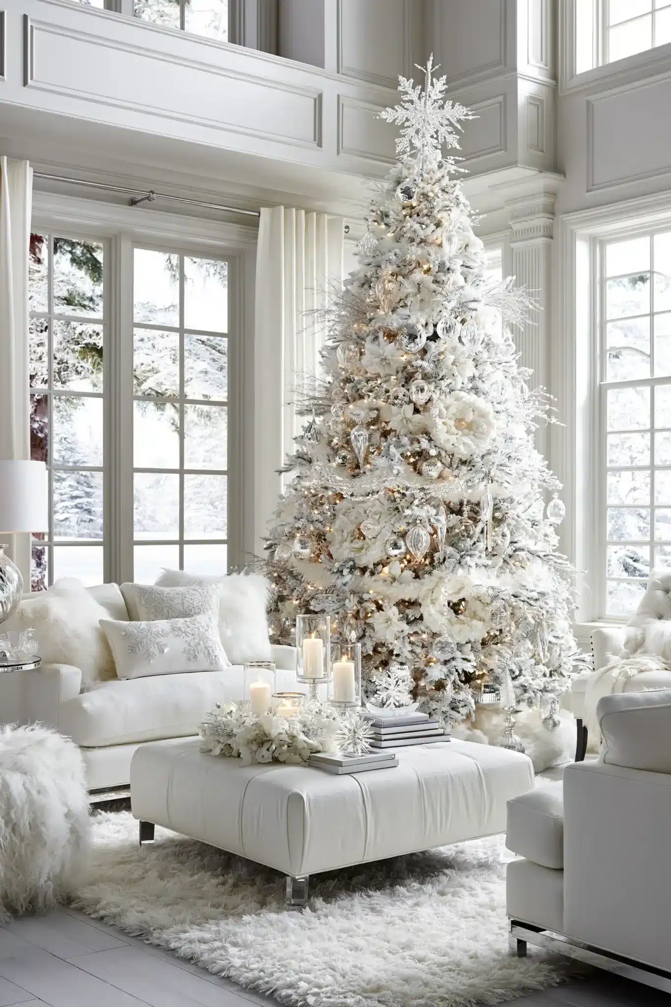 Elegant white winter wonderland with white ornaments, frosted garland, and sparkling holiday decor