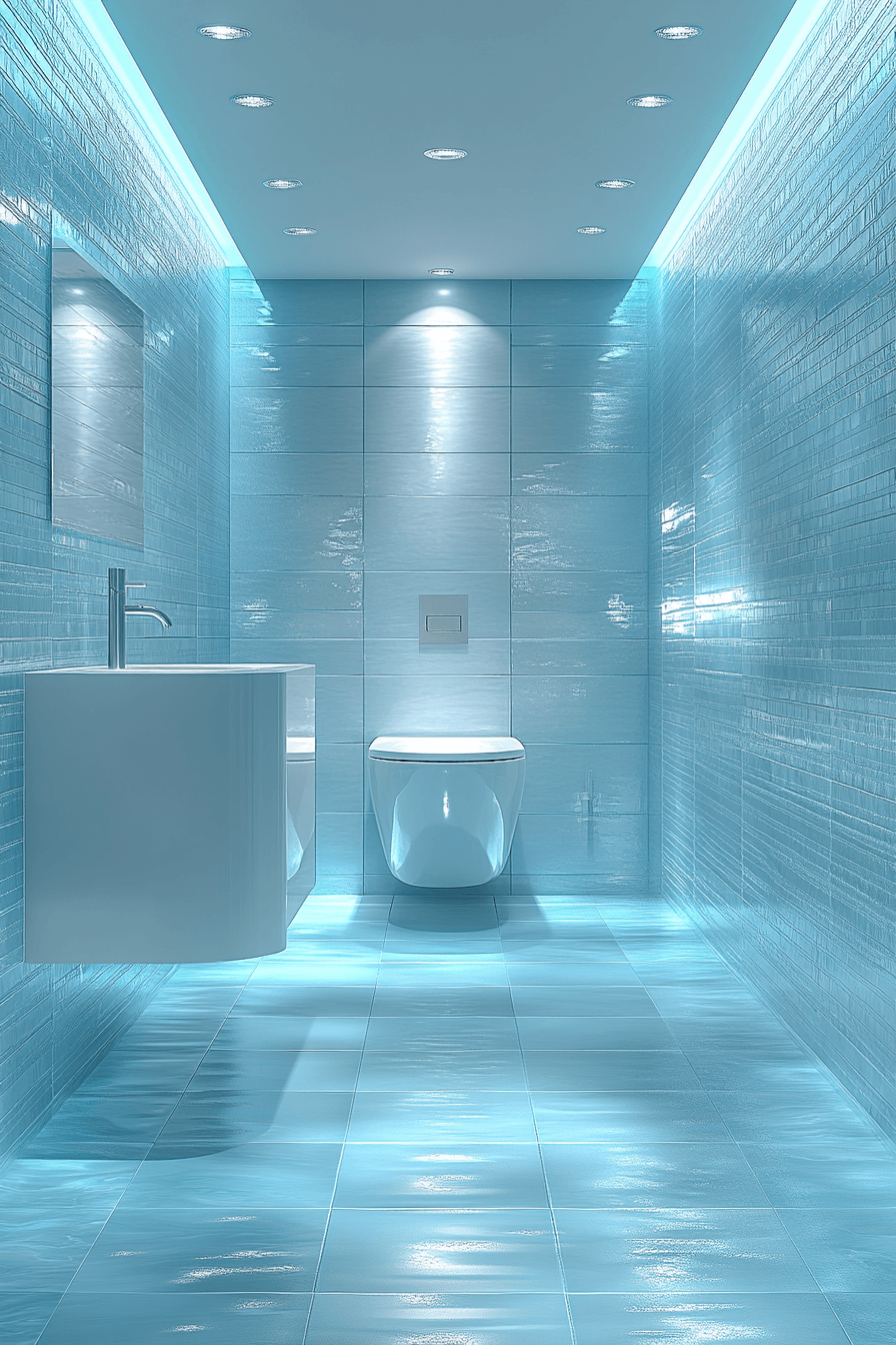 Coastal bathroom with bright aqua tile, white fixtures, and a clean modern layout
