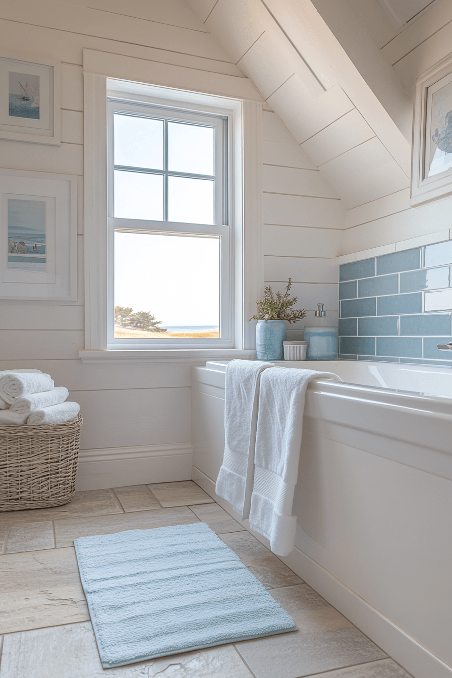 Bright modern coastal bathroom filled with natural light and pale blue tile
