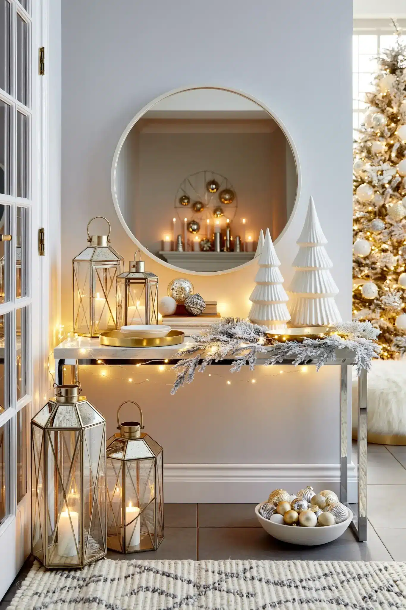 Holiday entryway with a console table, gold lanterns, white ceramic trees, and soft glowing accents.
