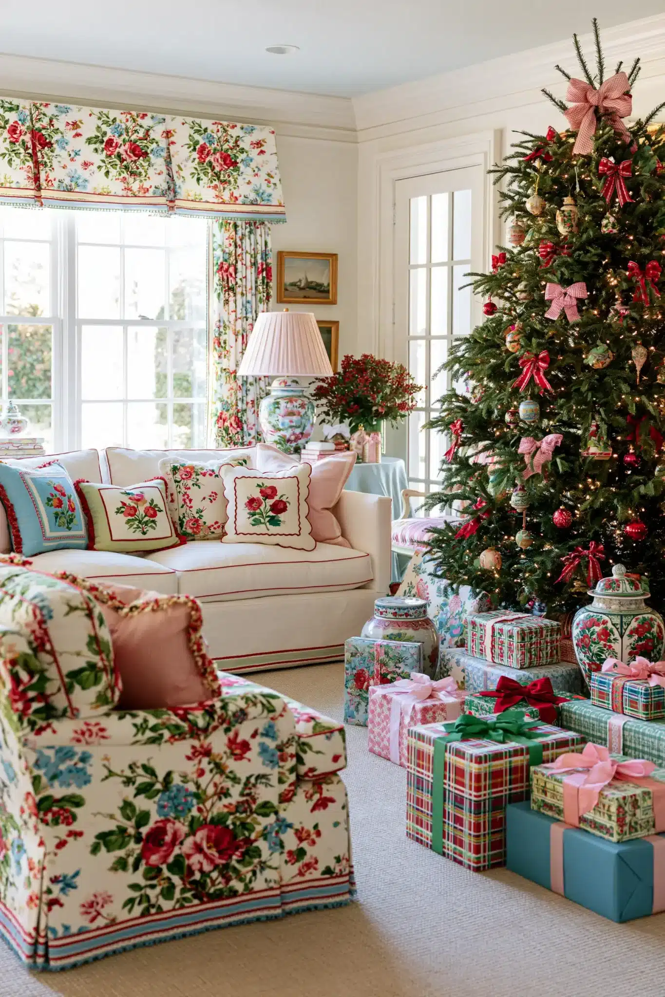 Grandmillennial Christmas decor with patterns, bows, and collected vintage details.